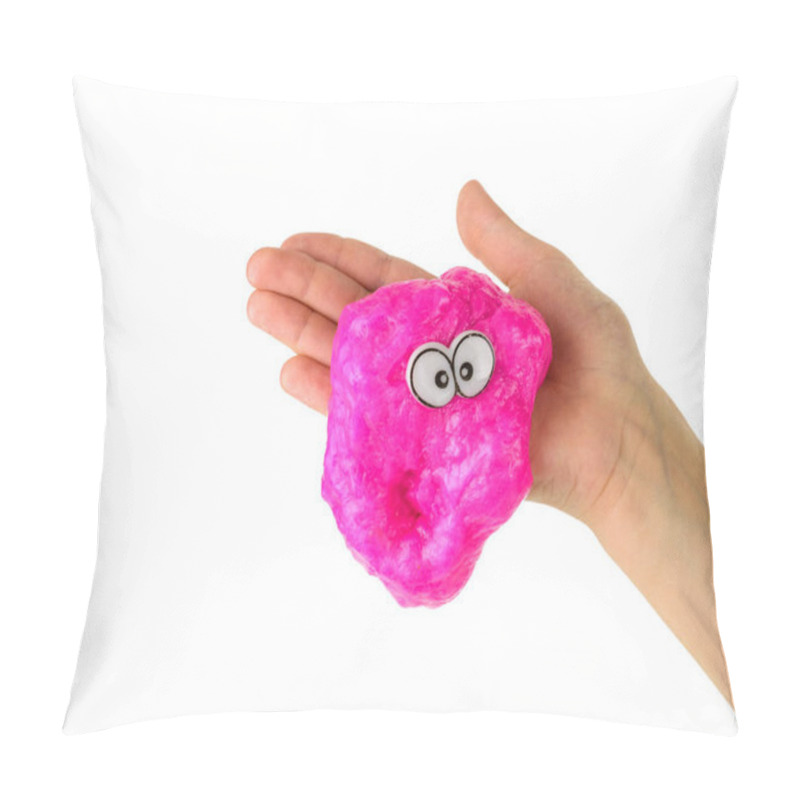 Personality  Red Slime With Eyes Slides Off Baby's Hand Isolated On White Background. Pillow Covers