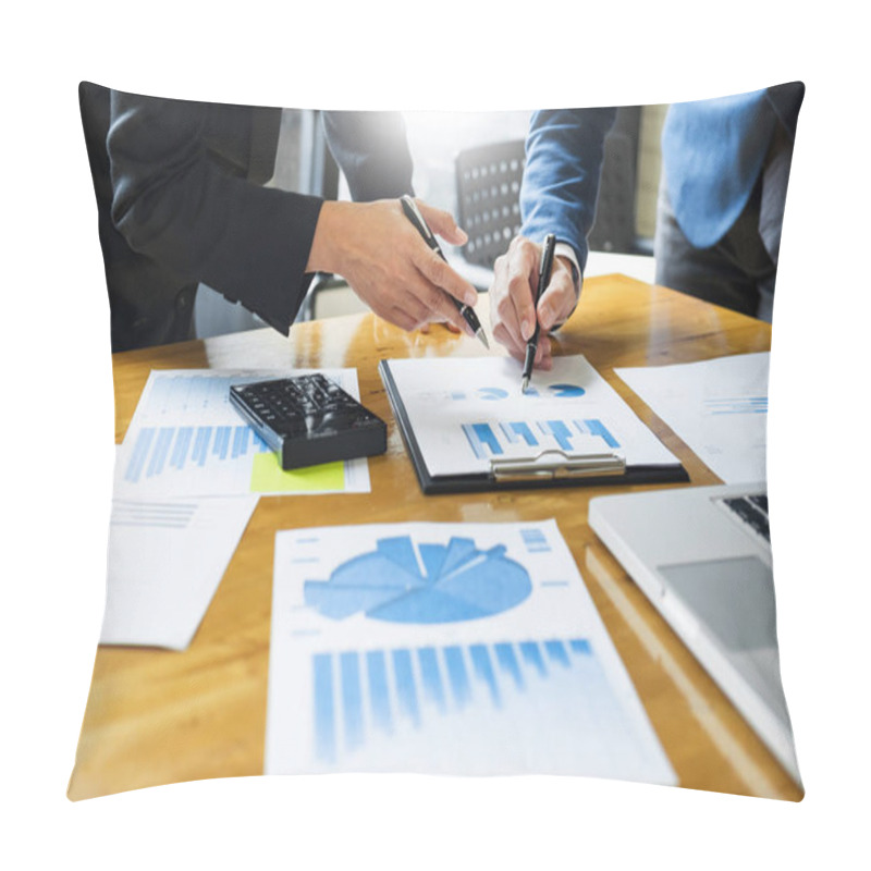 Personality  Team Work Process. Young Business Managers Crew Working With Startup Project. Laptop In Office Analyze Profit Graph Plan. Pillow Covers