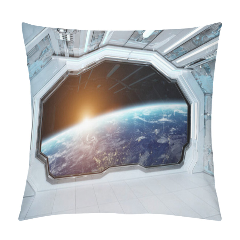 Personality  White Blue Spaceship Futuristic Interior With Window View On Pla Pillow Covers