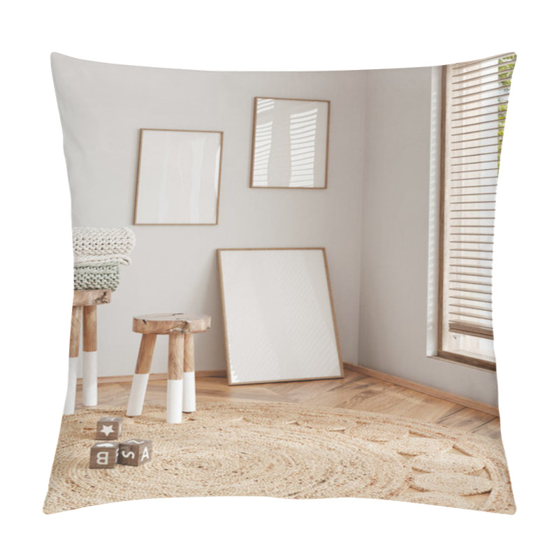 Personality  Mock Up Frame In Children Room With Natural Wooden Furniture, 3D Render Pillow Covers