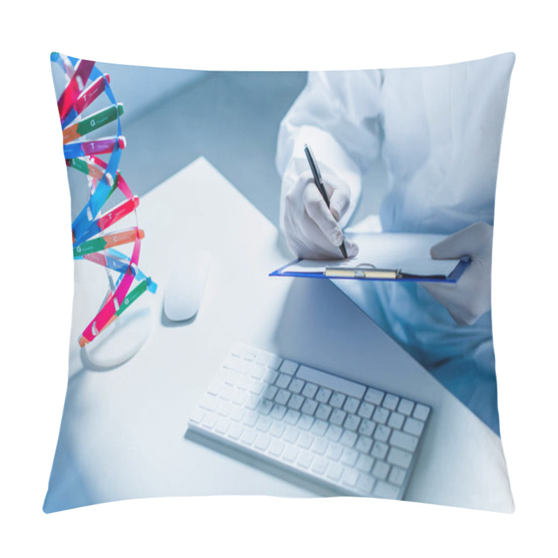 Personality  Cropped View Of Scientist Writing On Clipboard Near Dna Model And Computer Keyboard Pillow Covers