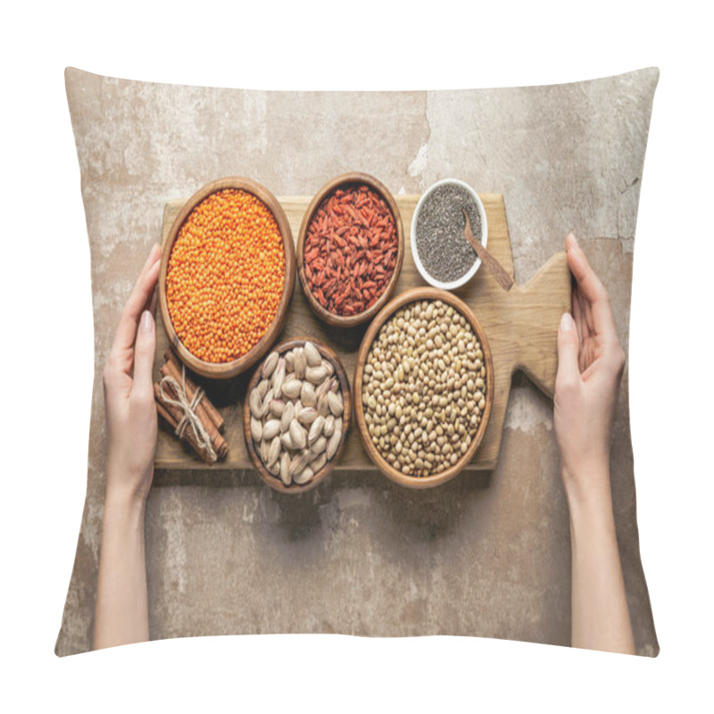 Personality  Cropped View Of Woman Holding Wooden Board With Legumes And Goji Berries On Rustic Background Pillow Covers