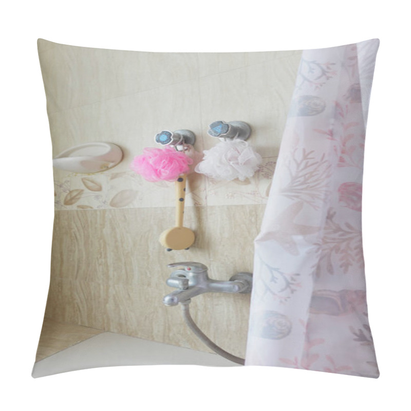 Personality  A Shower Area Features Decorative Accessories Including Pink And White Loofahs Hanging By The Faucet. A Soft Floral Shower Curtain Discreetly Separates The Bathing Space. Pillow Covers