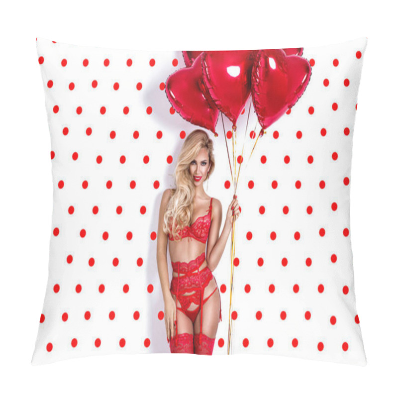 Personality  Valentine Sexy Girl With Red Air Balloons Isolated On Polka Dots Background. Beautiful Happy Young Woman In Red Erotic Lingerie. Holiday Party, Birthday. Valentine's Day- Concept. Pillow Covers