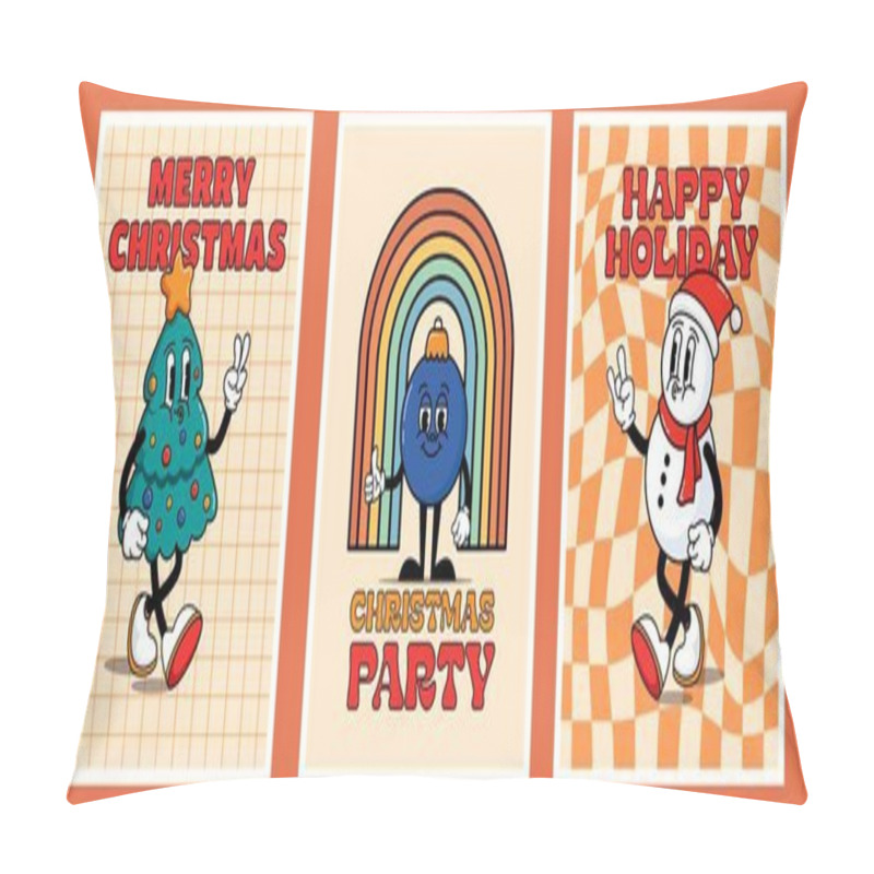 Personality  Set Of Cool Retro Cards With Characters. Cool Hippie Christmas.Cool And Bright Greeting Card,Merry Christmas,Christmas Party, Happy Holiday Poster, Print, Party Invitation, Background. Pillow Covers