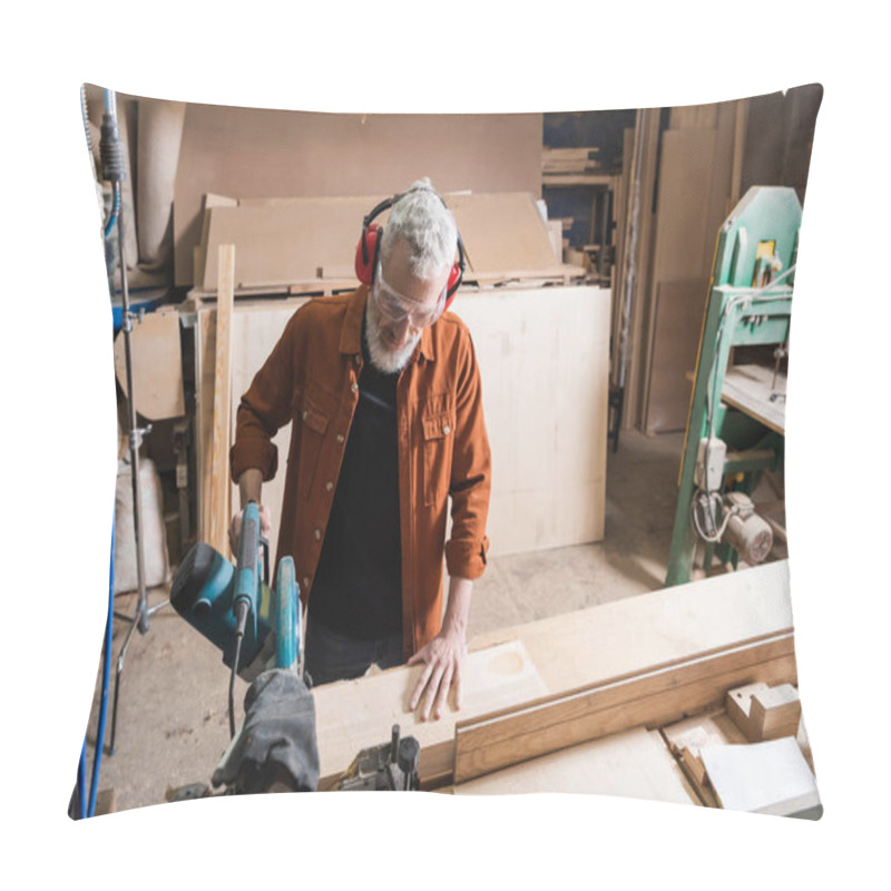 Personality  Middle Aged Woodworker Cutting Timber In Carpentry Studio Pillow Covers