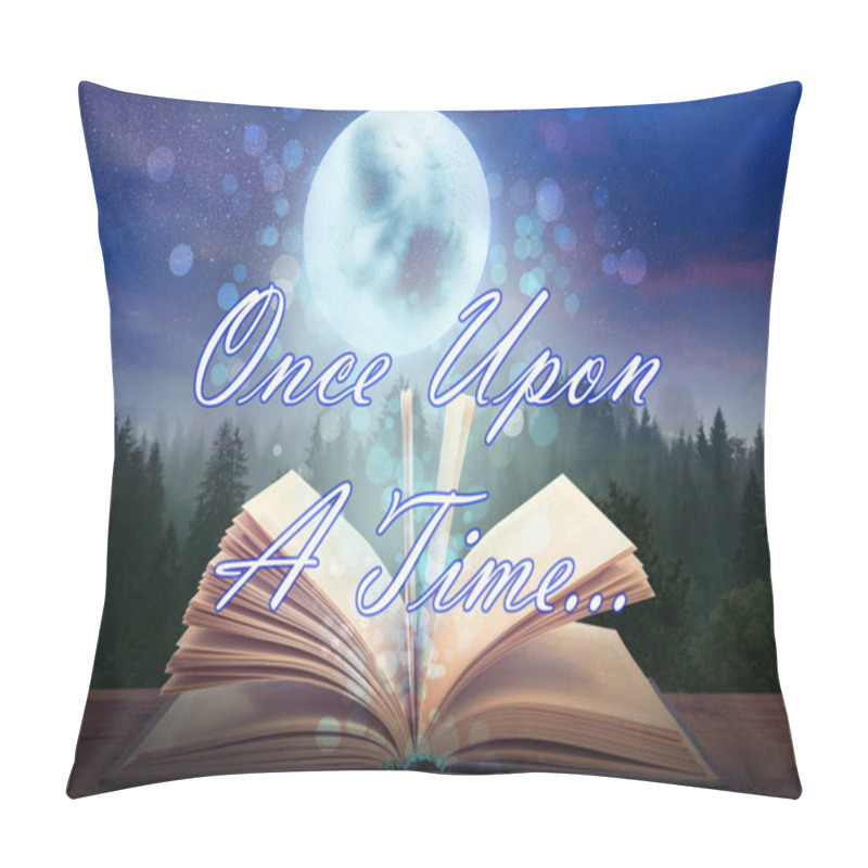 Personality  Magic Book Of Fairy Tales Against Landscape With Forest And Full Moon At Night Pillow Covers