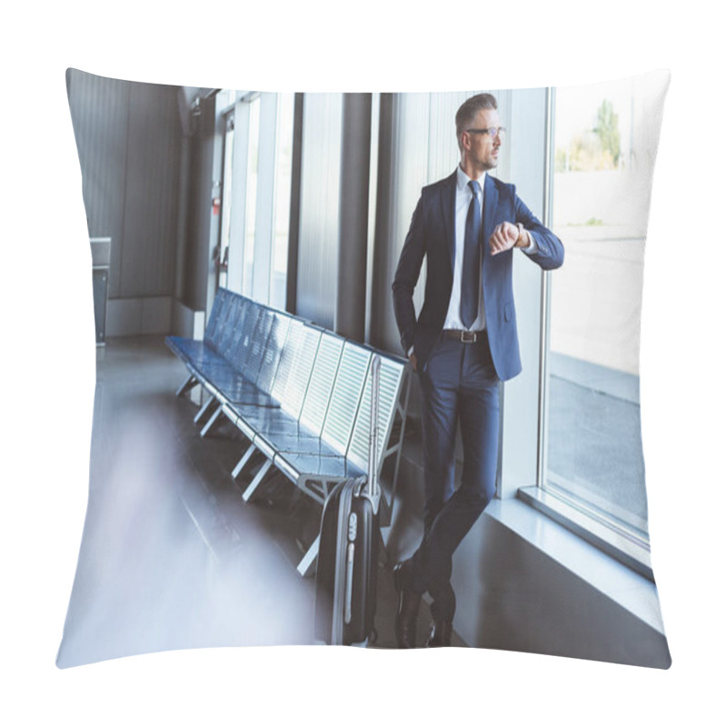 Personality  Businessman Standing At Departure Lounge Near Window And Checking Time In Airport Pillow Covers