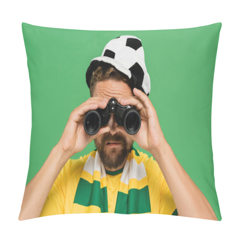 Personality  Bearded Man In Football Fan Hat And Striped Scarf Looking Through Binoculars During Match Isolated On Green  Pillow Covers