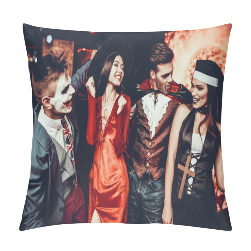 Personality  Group Of Friends In Halloween Costumes Dancing. Young Smiling People Wearing Costumes Having Fun And Dancing Together At Halloween Party In Nightclub. Celebration Of Halloween Pillow Covers