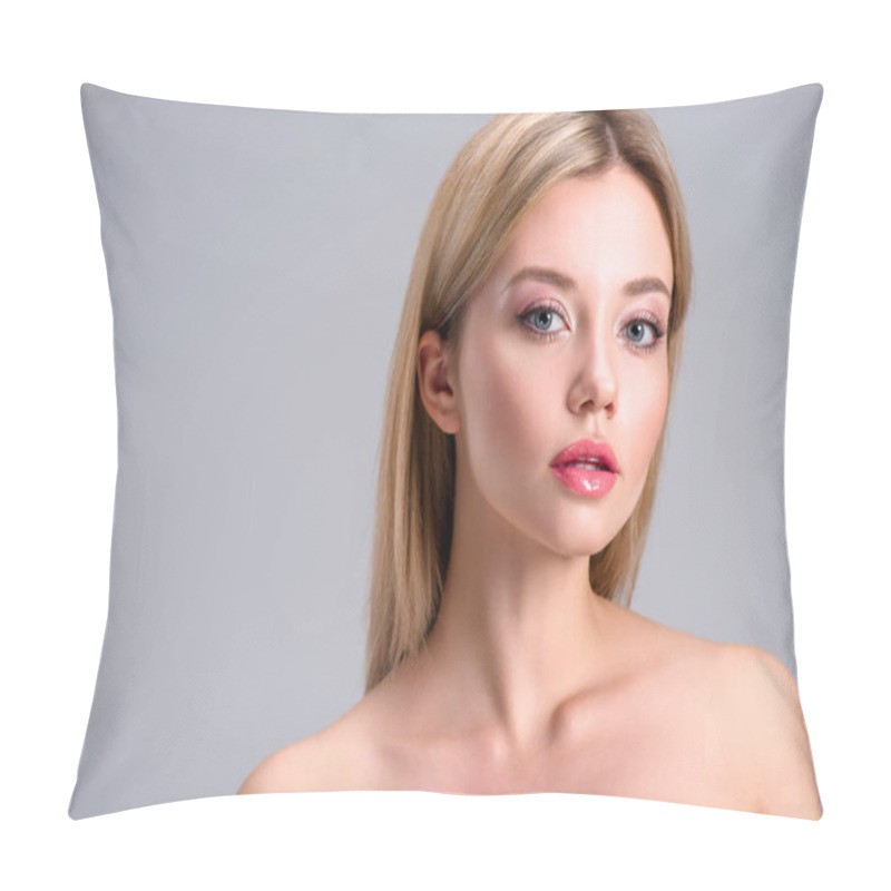 Personality  Beautiful Young Blonde Woman Looking At Camera Isolated On Grey Pillow Covers