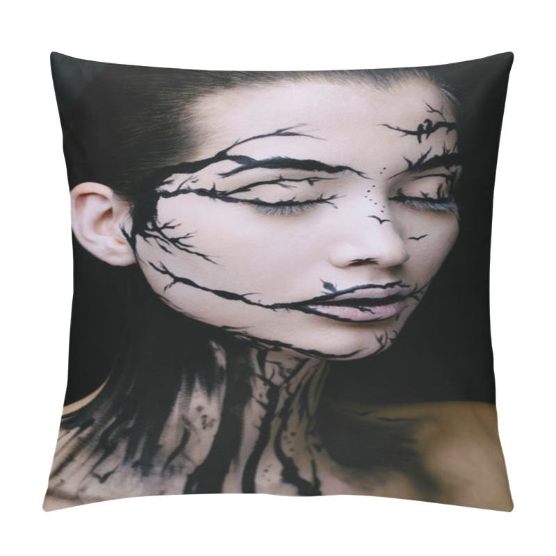 Personality  Beautiful Woman With Creative Make-up Halloween Tree Make-up Pillow Covers