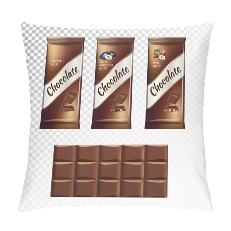 Personality  Vector Realistic Illustration Of Packaging And Chocolate Bar With Hazelnut And Raisins. Pillow Covers