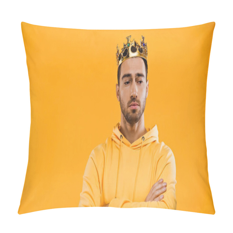 Personality  Man In Golden Crown Standing With Crossed Arms Isolated On Yellow Pillow Covers