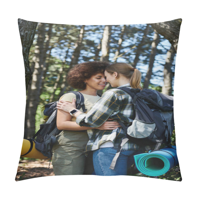 Personality  A Young Lesbian Couple, One Black And One White, Embrace In A Forest Setting While Hiking. Pillow Covers