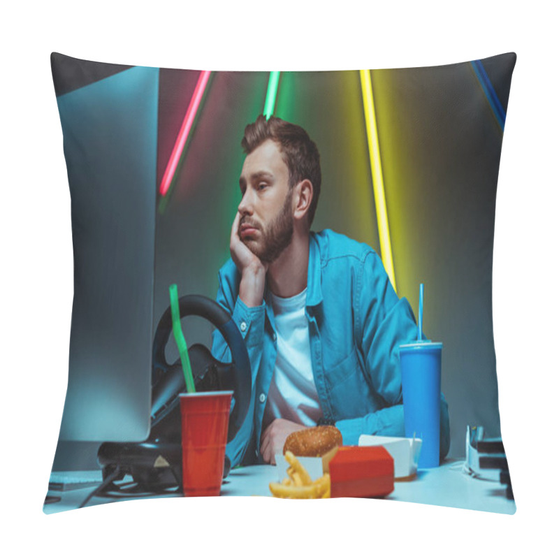 Personality  Handsome And Sad Man Touching His Head And Looking At Computer Monitor  Pillow Covers