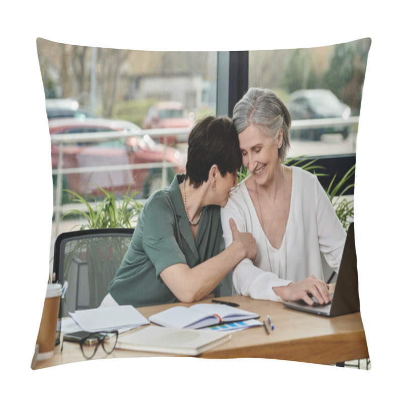 Personality  Two Women, A Mature And Beautiful Lesbian Couple, Sit At A Table With A Laptop, Working Together In An Office Setting. Pillow Covers