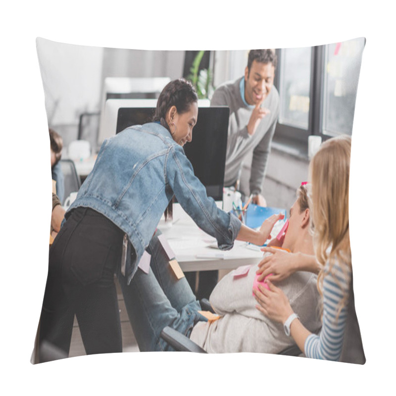 Personality  People Having Fun In Office, Women Glue Stickers On Man Pillow Covers