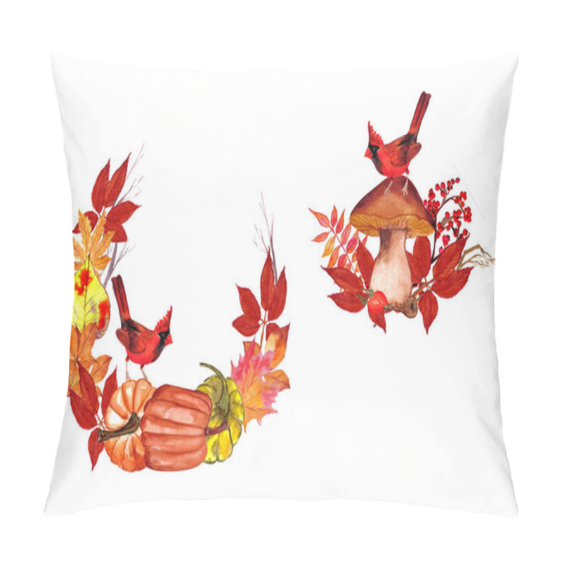 Personality  Cardinal Red Bird On A Mushroom, Autumn Leaves, Composition On A White Background, For Decoration Of Cards, Wedding Invitations, Clothes, Dishes, Children's Textiles Pillow Covers