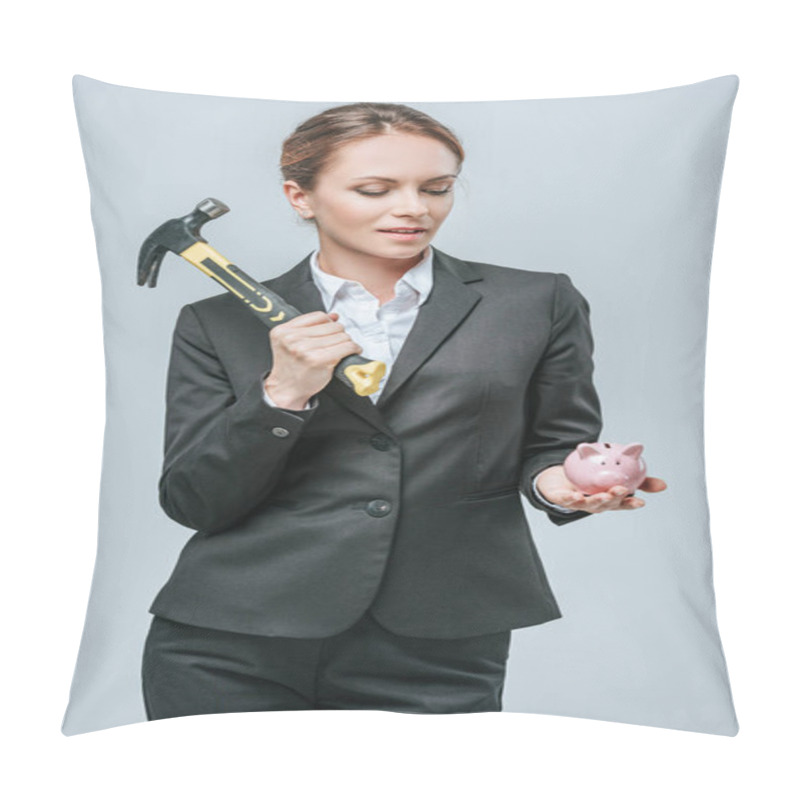 Personality  Attractive Financier Holding Hammer And Piggy Bank Isolated On Grey Pillow Covers