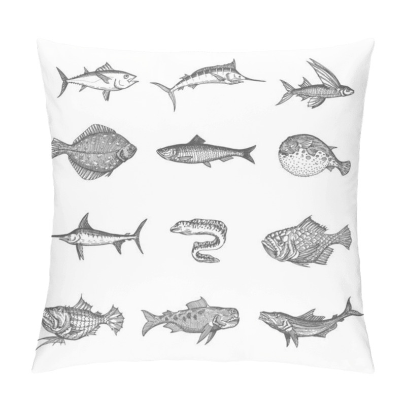 Personality  Sea And Ocean Isolated Fish Vector Sketches. Tuna, Blue Marlin, Anglerfish And Puffer Fish, Flounder, Herring And Moray Eel, Flying Gurnard, Perch And Swordfish, Isolated Hand Drawn Monster Animals Pillow Covers