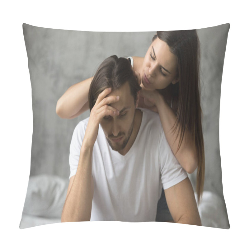 Personality  Young Woman Embracing Upset Offended Man Apologizing, Asking For Pillow Covers