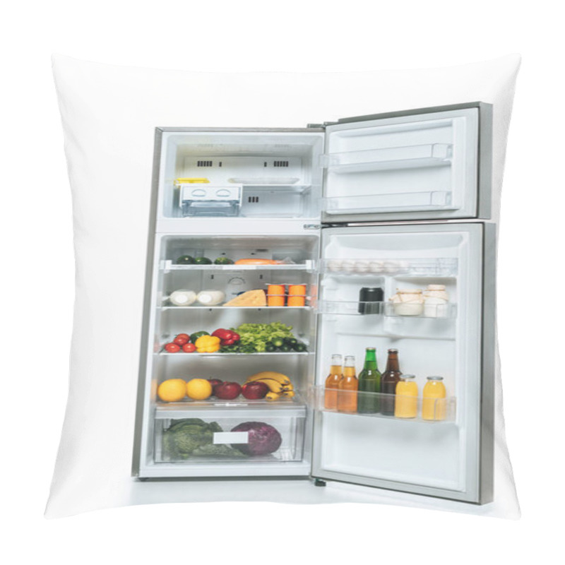 Personality  Open Fridge And Freezer With Fresh Food On Shelves Isolated On White Pillow Covers