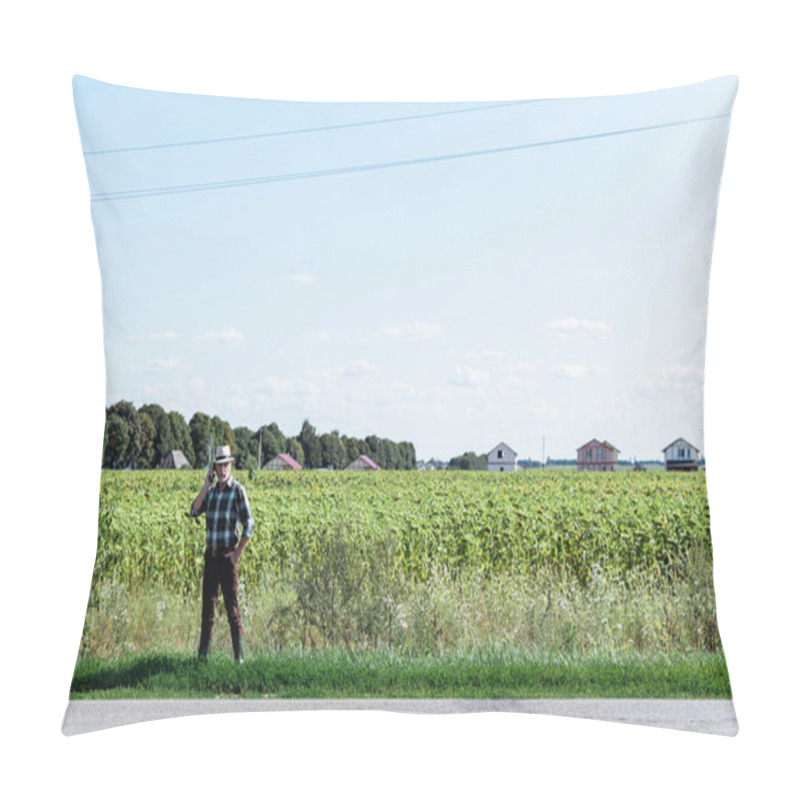 Personality  Bearded Self-employed Farmer Talking On Smartphone In Field Pillow Covers