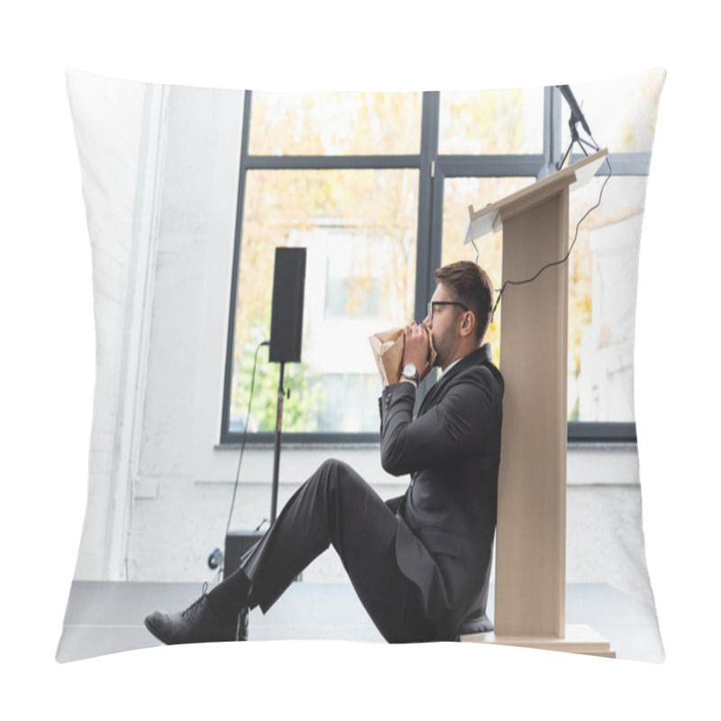 Personality  Side View Of Scared Businessman In Suit Breathing In Paper Bag During Conference Pillow Covers