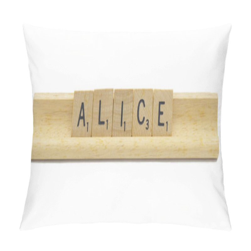 Personality  Miami, FL 4-18-24 Popular Baby Girl First Name Of ALICE Made With Square Wooden Tile English Alphabet Letters With Natural Color And Grain On A Wood Rack Holder Isolated On White Background Pillow Covers