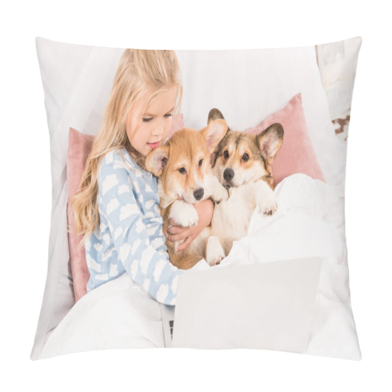 Personality  Child Lying In Bed, Hugging Corgi Dogs And Using Laptop At Home Pillow Covers