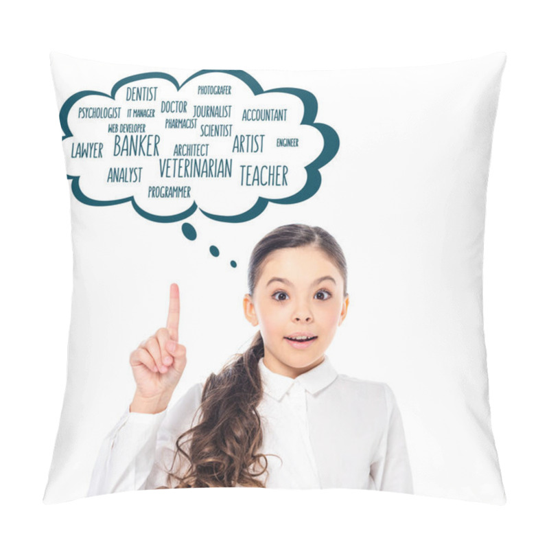 Personality  Adorable Schoolgirl In Formal Wear Showing Idea Gesture Near Touching Bubble With Lettering On White  Pillow Covers