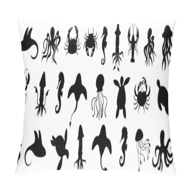 Personality  Silhouette Collection Of Underwater Marine Animals Against A White Background. Includes A Variety Of Sea Creatures, Such As Octopus, Crab, Seahorse, And Jellyfish. Ocean Life Set. Pillow Covers