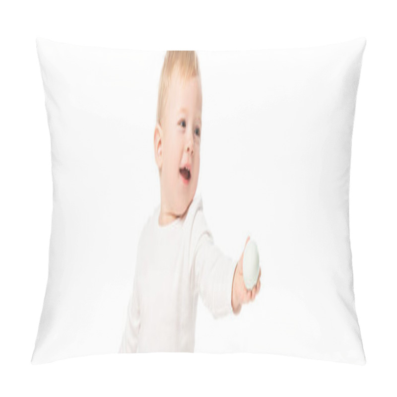 Personality  Cute Child Holding Easter Egg In Outstretched Hand With Open Mouth Isolated On White, Panoramic Shot Pillow Covers