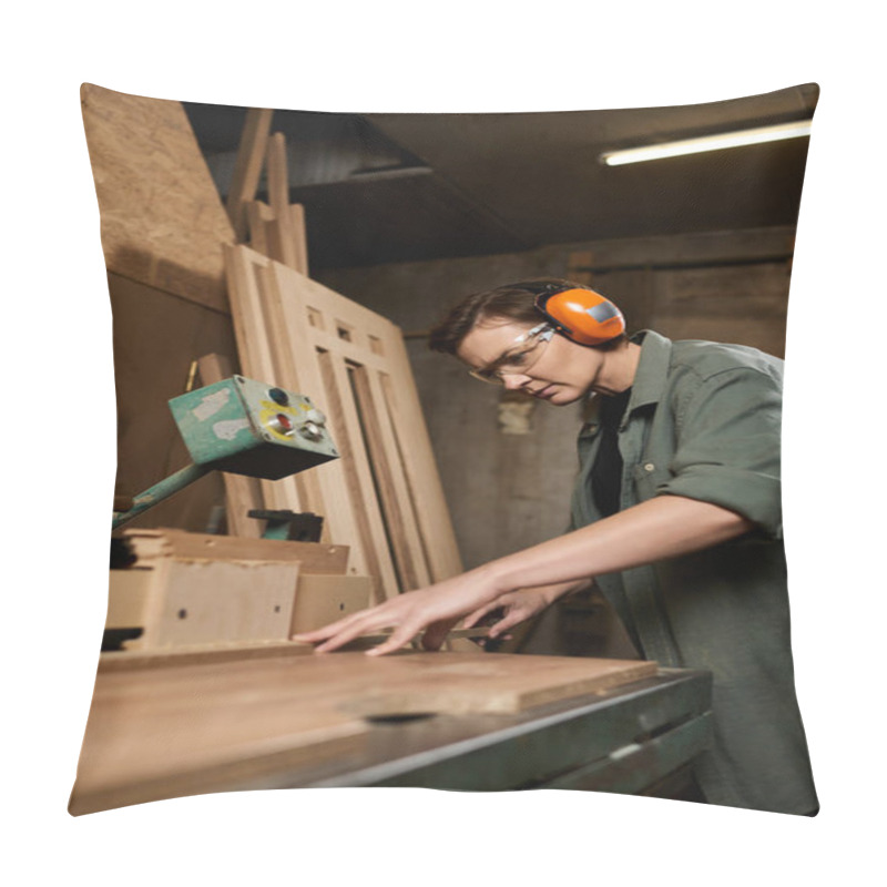 Personality  In A Vibrant Workshop, A Talented Female Carpenter Carefully Crafts Wood While Wearing Protective Gear. Pillow Covers