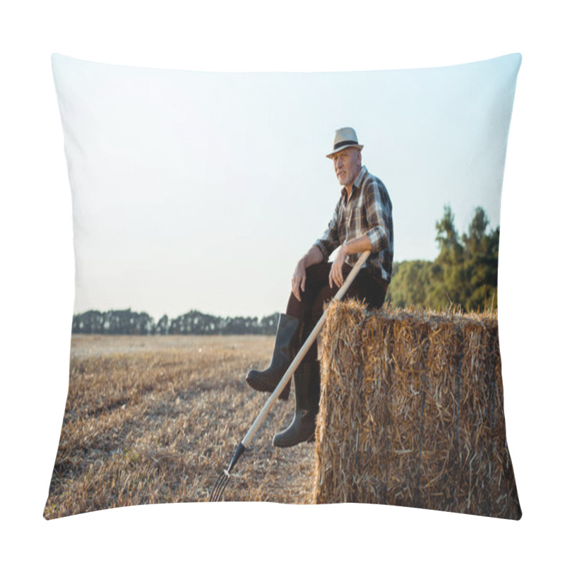 Personality  Cheerful Bearded Man In Straw Hat Sitting On Bale Of Hay Near Wheat Field  Pillow Covers