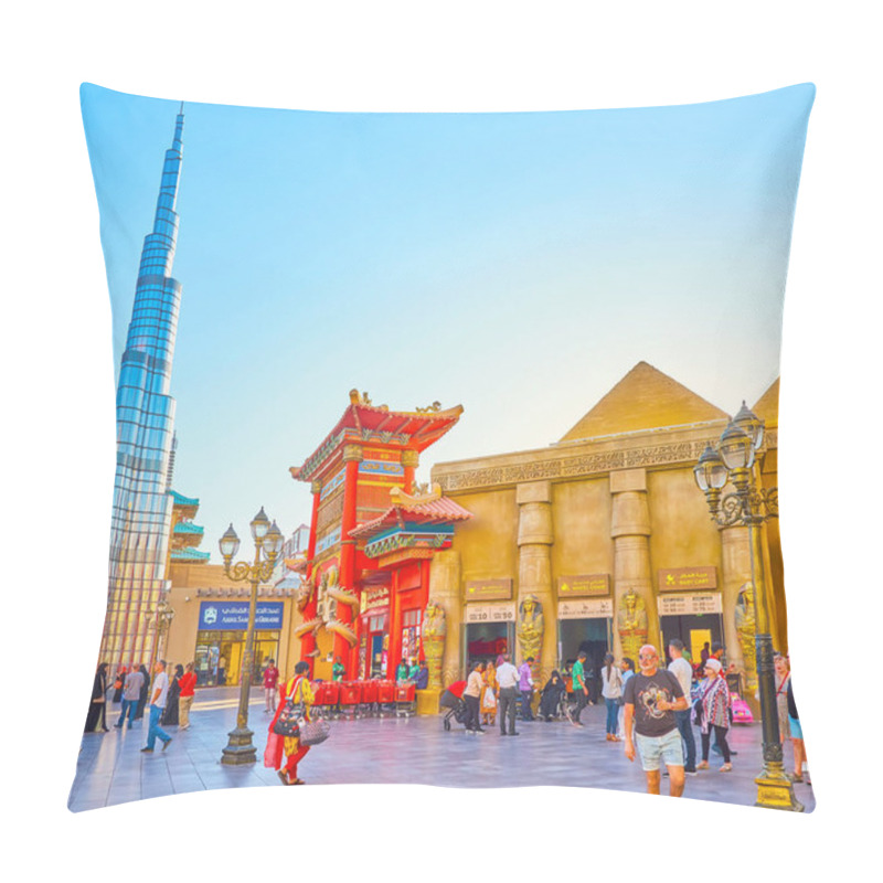 Personality  DUBAI, UAE - MARCH 5, 2020: The Global Village Dubai Contains The Most Popular World's Buildings, Such As Pyramids Of Egypt, Chinese Pagoda Gate With Dragons And Burj Khalifa Tower Of Dubai, On March 5 In Dubai Pillow Covers