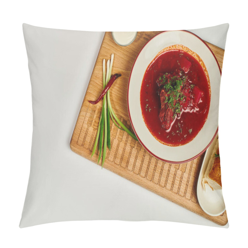 Personality  Traditional Ukrainian Borsch With Fresh Dill Near Garlic Buns And Sour Cream On Cutting Board Pillow Covers