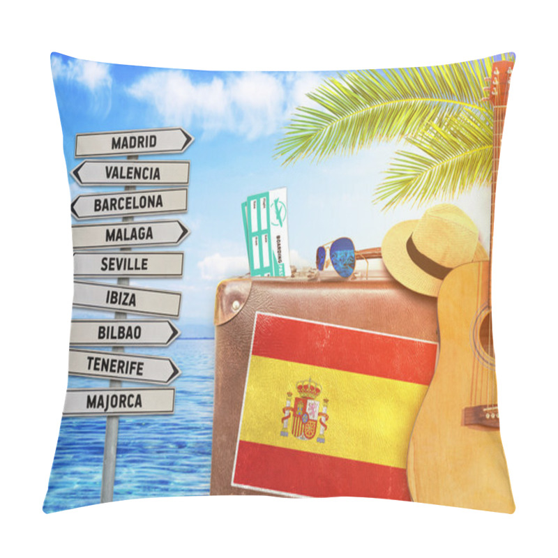 Personality  Concept Of Summer Traveling With Old Suitcase And Spain Town Sign With Burning Sun Pillow Covers