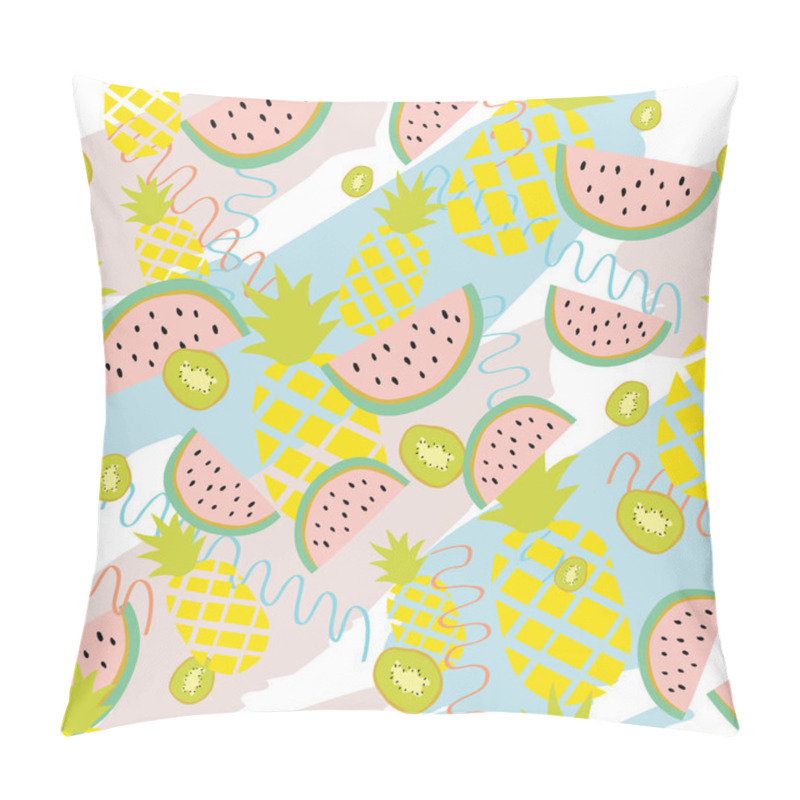 Personality  Summer Background With Pineapple, Watermelon, And Kiwi. A Playful, Modern, And Flexible Pattern For Brand Who Has Cute And Fun Style. The Art Vector Graphic Can Be Repeated. Watermelon, Pineapple, And Kiwi Give A Contrast And Cheerful Mood. Pillow Covers