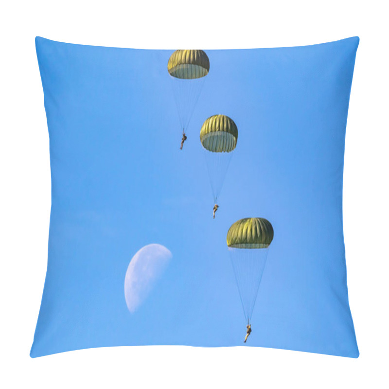 Personality  Military Parachutist Paratroopers Parachute Jumping Out Of A Air Force Planes On A Clear Blue Sky Day With The Moon. Pillow Covers