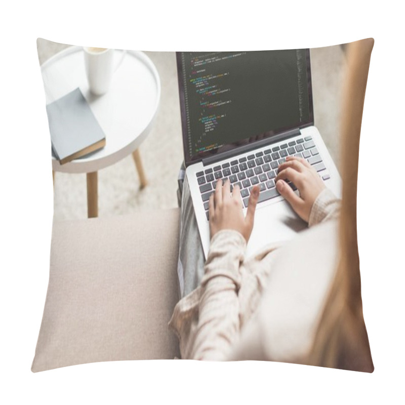 Personality  Cropped Shot Of Young Female Developer Coding With Laptop At Home Pillow Covers