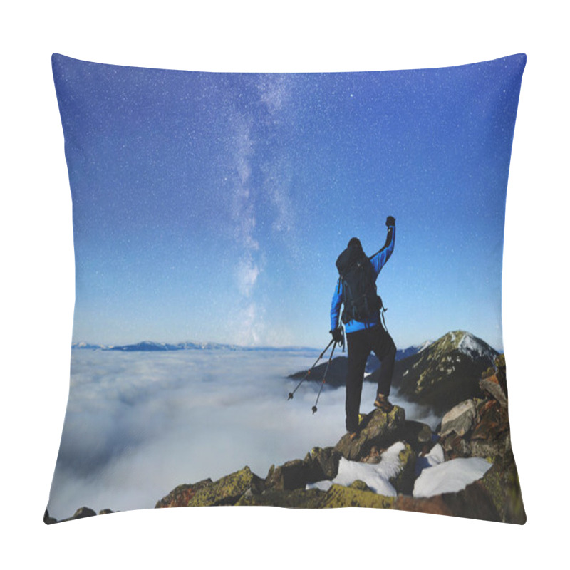 Personality  Back View Of Tourist Hiker With Backpack And Trekking Sticks Standing With Raised Arms On Huge Rocks  Pillow Covers