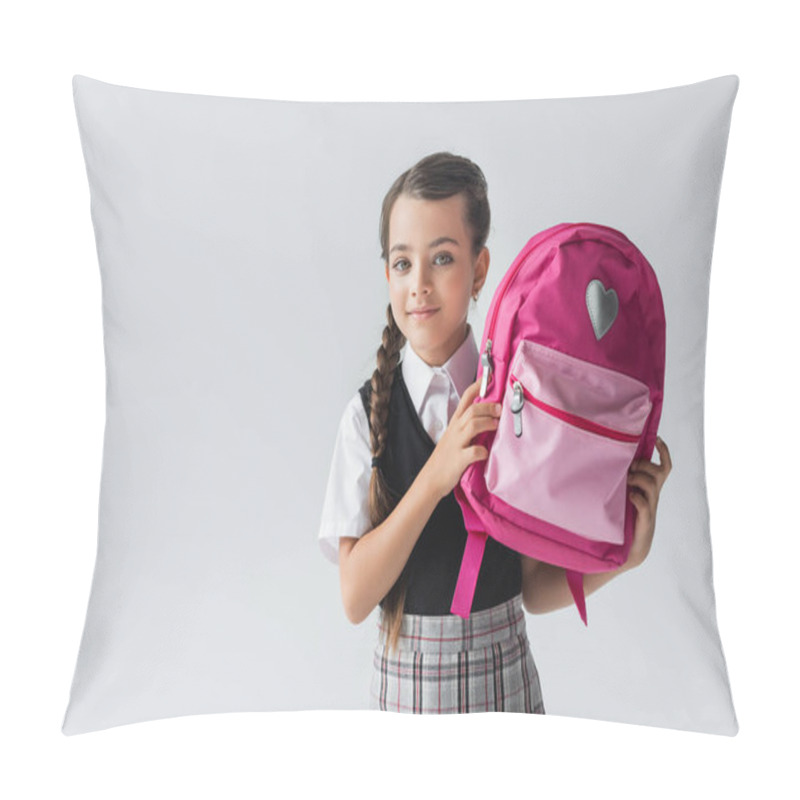 Personality  Cute Schoolgirl In Uniform Holding Pink Backpack And Smiling Isolated On Grey Pillow Covers