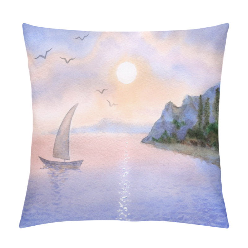 Personality  Colorful Romantic Handmade Watercolour On Paper Backdrop And Space For Text On Pink Gloaming Heaven. Vivid Blue Cumulus Over Light Sunlight Reservoir. Scenic Purple Bay At Seaboard Waterside Bank View Pillow Covers