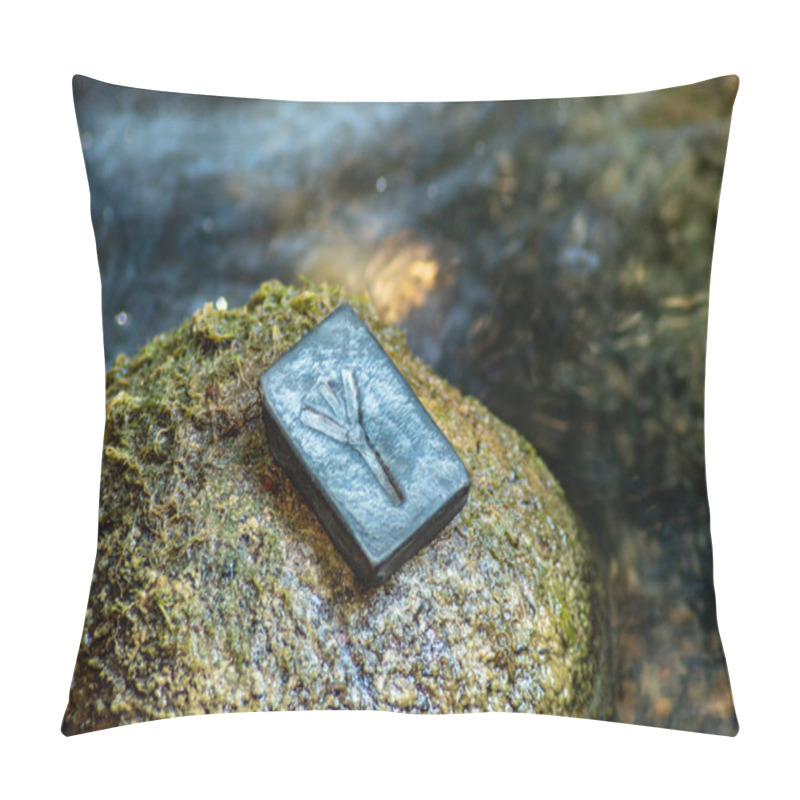 Personality  Norse Rune Algiz On The Stone And The Evening River Background. Protection, Help Of The Gods. Pillow Covers