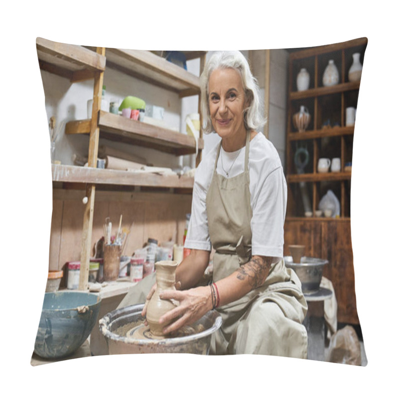 Personality  A Skilled Artisan Is Shaping A Clay Pot With Care In Her Inviting Workshop. Pillow Covers