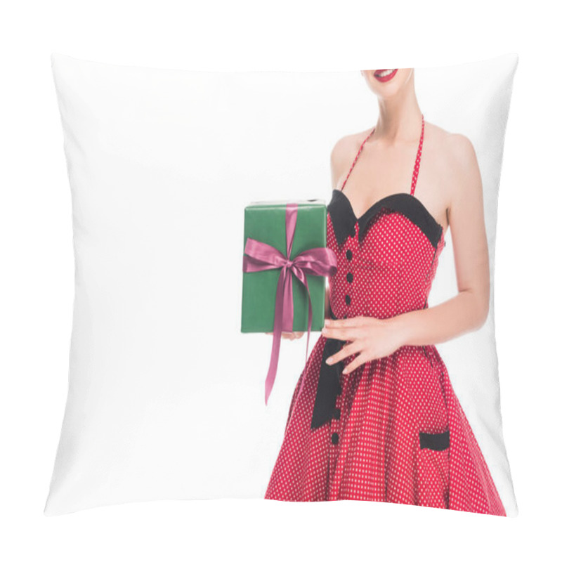 Personality  Partial View Of Woman In Retro Pin Up Dress Showing Gift Box Isolated On White Pillow Covers