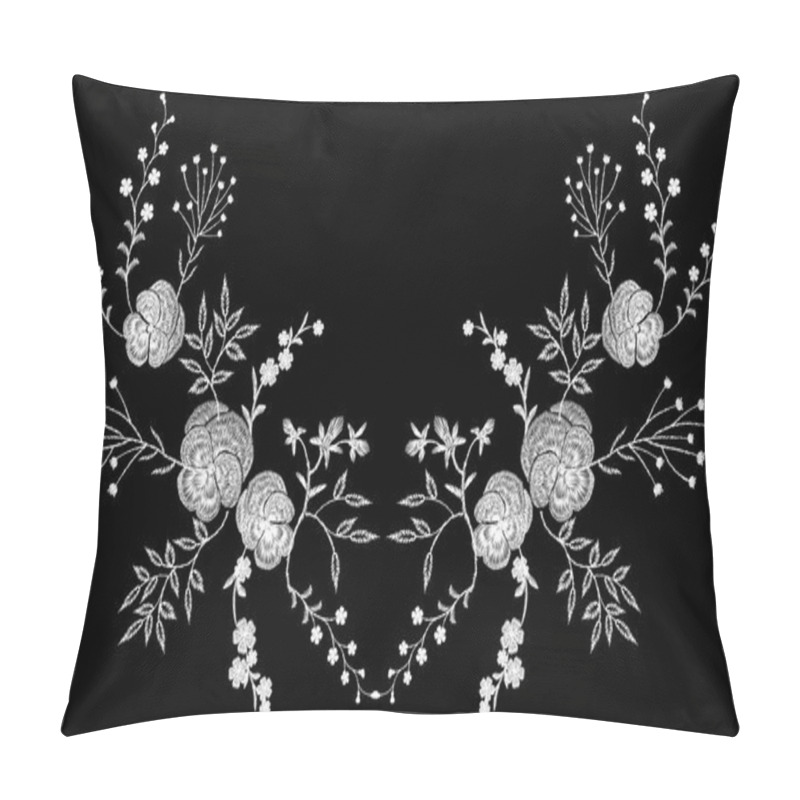 Personality  Embroidery White Lace Pancies Floral Reflection Small Branches Wild Herb With Little Blue Violet Field Flower Traditional Folk Fashion Patch Design Neckline Black Background Vector Illustration Pillow Covers