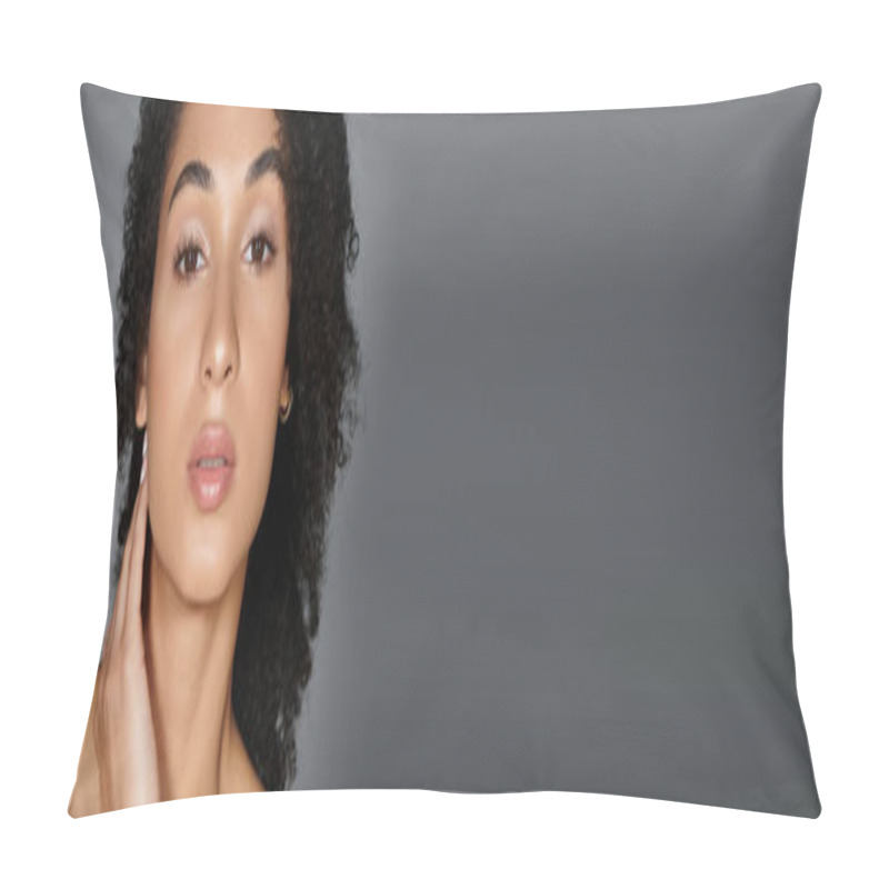 Personality  A Fashionable Woman With Curly Hair Poses Gracefully, Exuding Confidence And Style. Pillow Covers